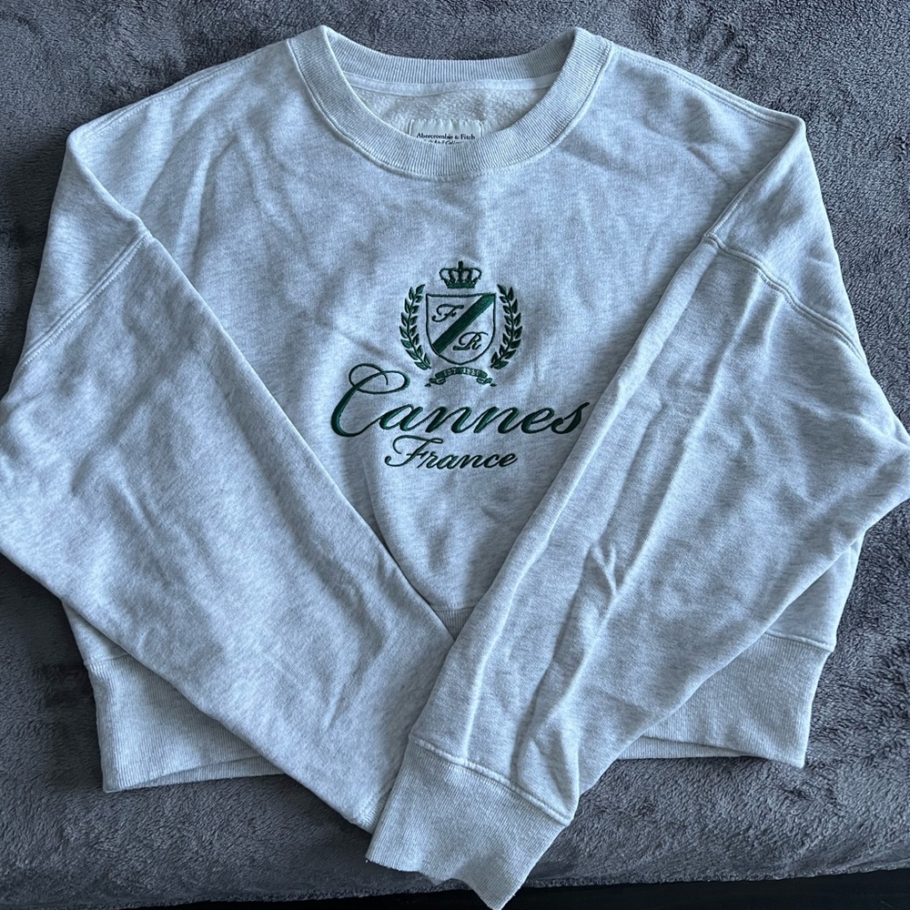 Abercrombie & Fitch Cannes France Graphic Light Grey Crewneck Cropped Sweater
